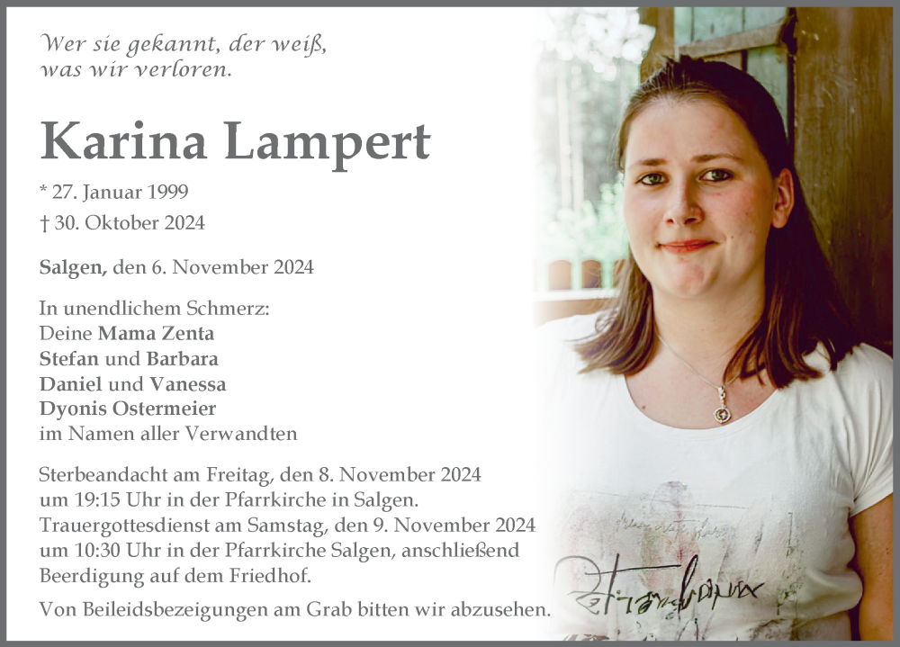 Traueranzeige von Karina Lampert von Mindelheimer Zeitung