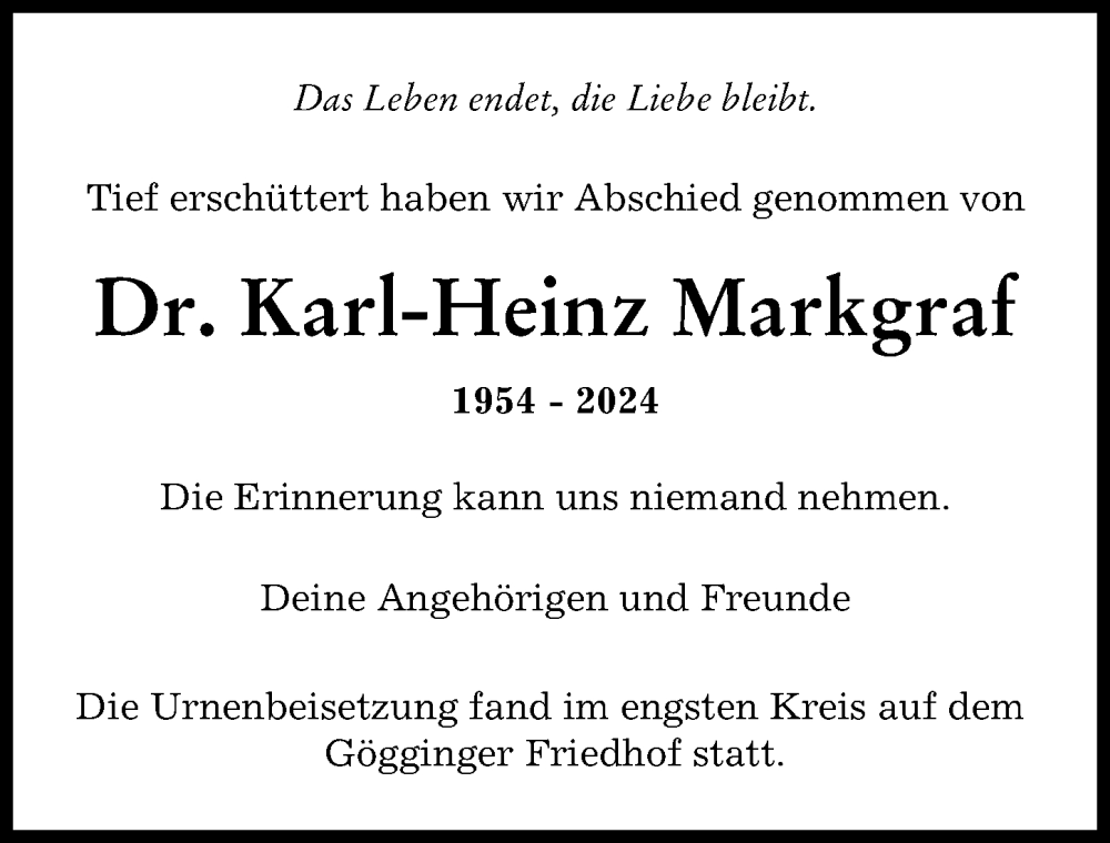 Traueranzeige von Karl-Heinz Markgraf von Augsburger Allgemeine