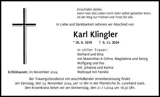 Traueranzeige von Karl Klingler von Günzburger Zeitung