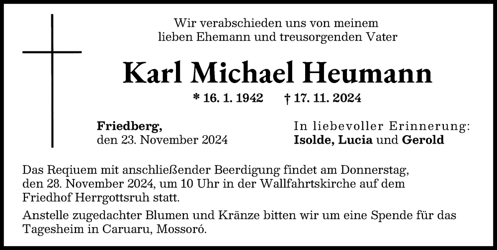 Traueranzeige von Karl Michael Heumann von Friedberger Allgemeine