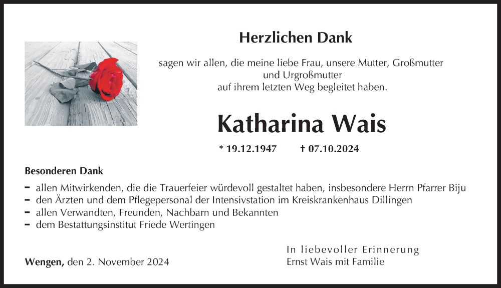 Traueranzeige von Katharina Wais von Wertinger Zeitung, Donau Zeitung