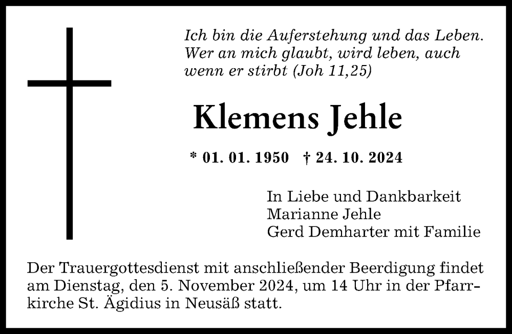 Traueranzeige von Klemens Jehle von Augsburg-Land