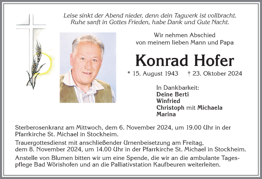 Traueranzeige von Konrad Hofer von Mindelheimer Zeitung