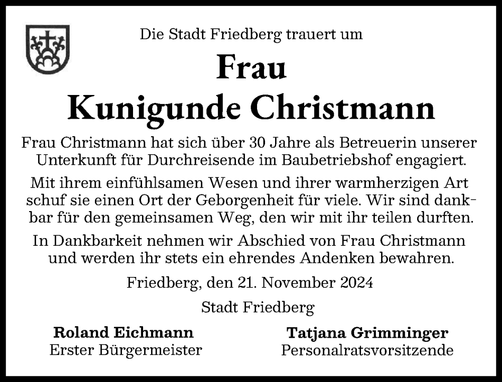 Traueranzeige von Kunigunde Christmann von Friedberger Allgemeine