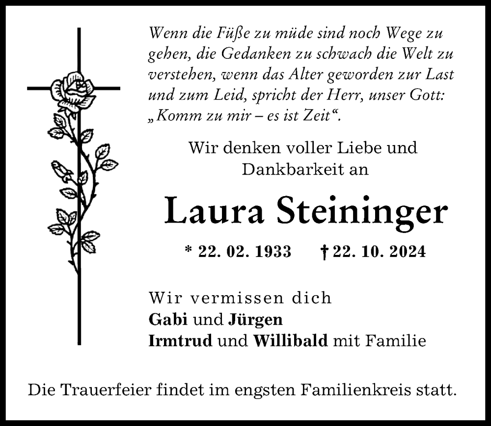 Traueranzeige von Laura Steinfinger von Schwabmünchner Allgemeine