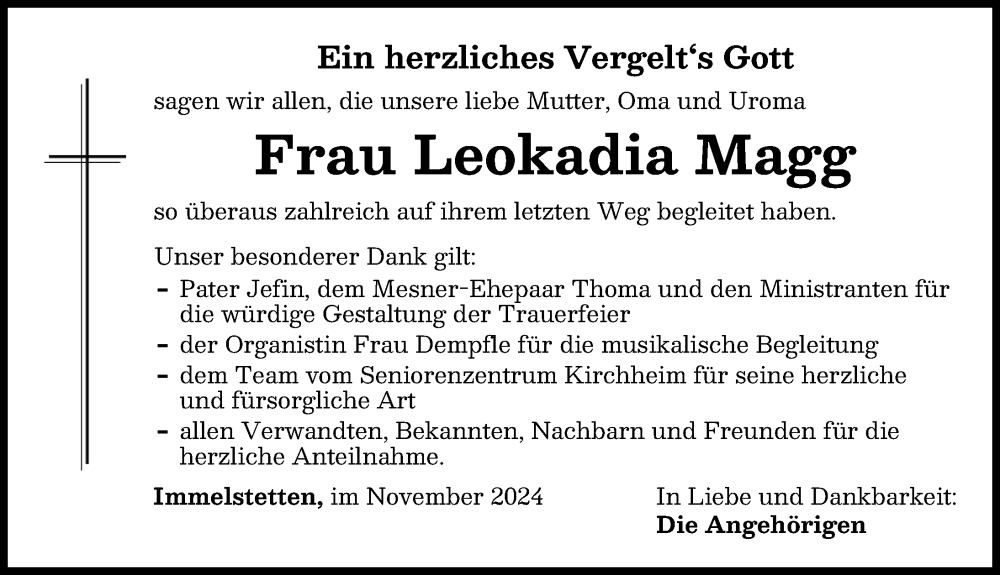 Traueranzeige von Leokadia Magg von Mindelheimer Zeitung