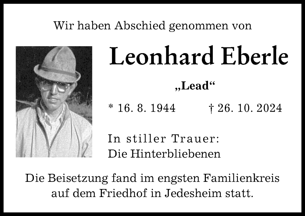 Traueranzeige von Leonhard Eberle von Illertisser Zeitung