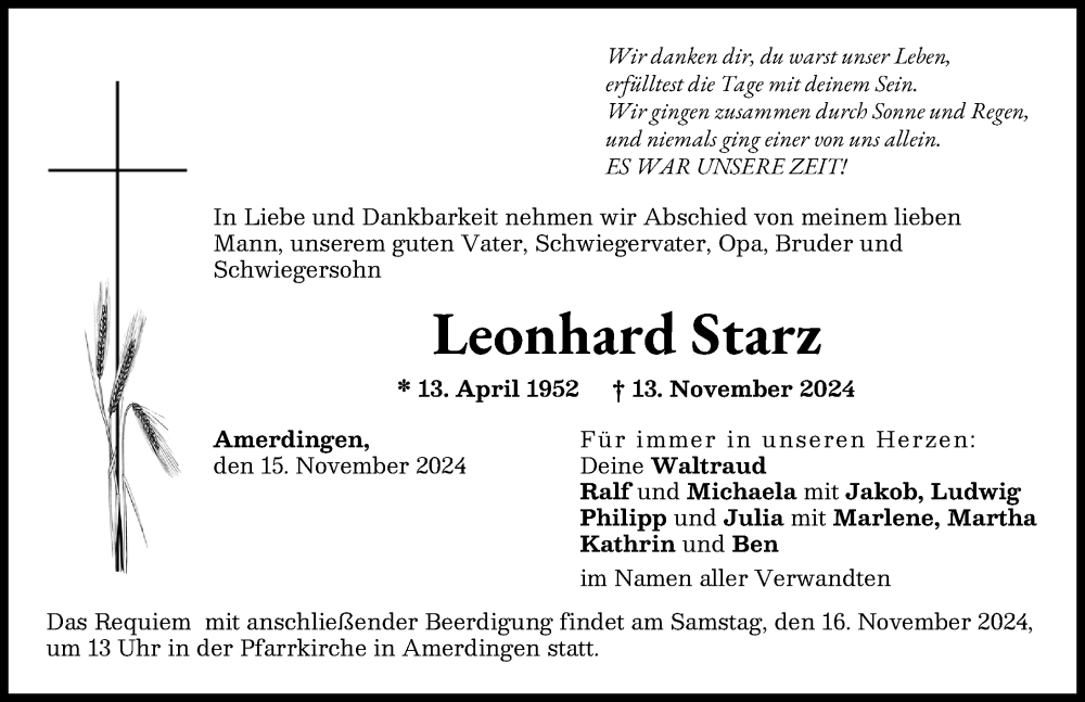 Traueranzeige von Leonhard Starz von Rieser Nachrichten