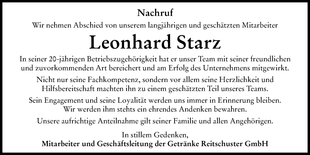 Traueranzeige von Leonhard Starz von Rieser Nachrichten