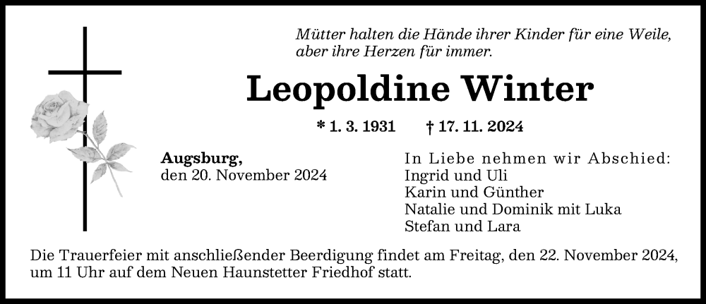 Traueranzeige von Leopoldine Winter von Augsburger Allgemeine