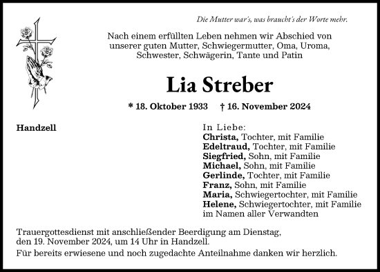 Traueranzeige von Lia Streber von Aichacher Nachrichten