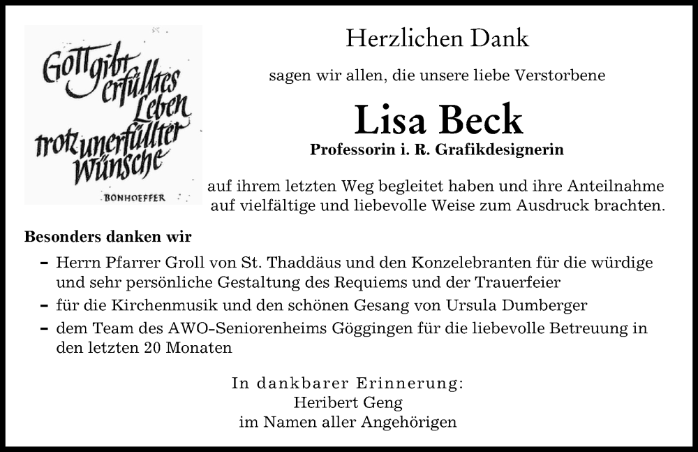 Traueranzeige von Lisa Beck von Augsburger Allgemeine