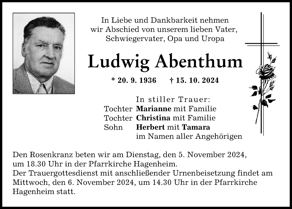 Traueranzeige von Ludwig Abenthum von Landsberger Tagblatt