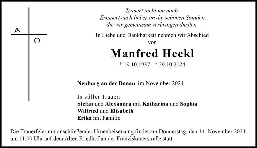 Traueranzeige von Manfred Heckl von Neuburger Rundschau