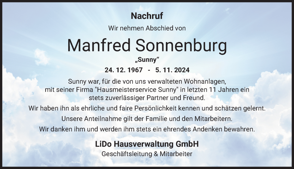  Traueranzeige für Manfred Sonnenburg vom 09.11.2024 aus Schwabmünchner Allgemeine