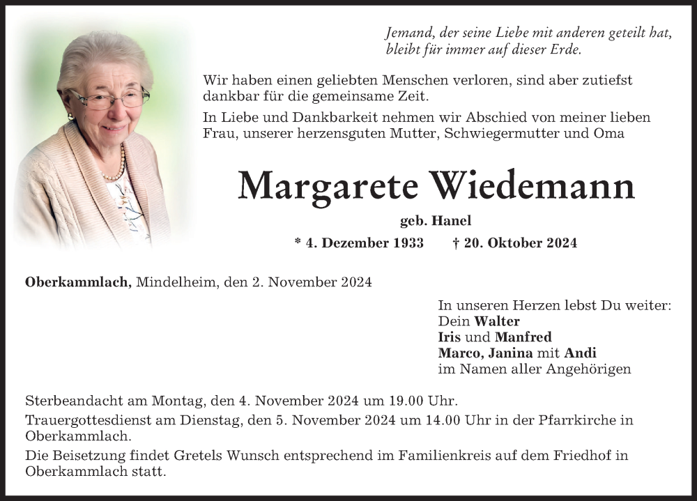 Traueranzeige von Margarete Wiedemann von Mindelheimer Zeitung