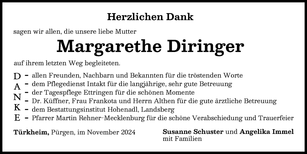 Traueranzeige von Margarethe Diringer von Landsberger Tagblatt, Mindelheimer Zeitung