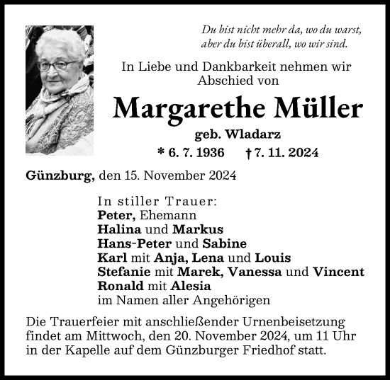 Traueranzeige von Margarethe Müller von Günzburger Zeitung