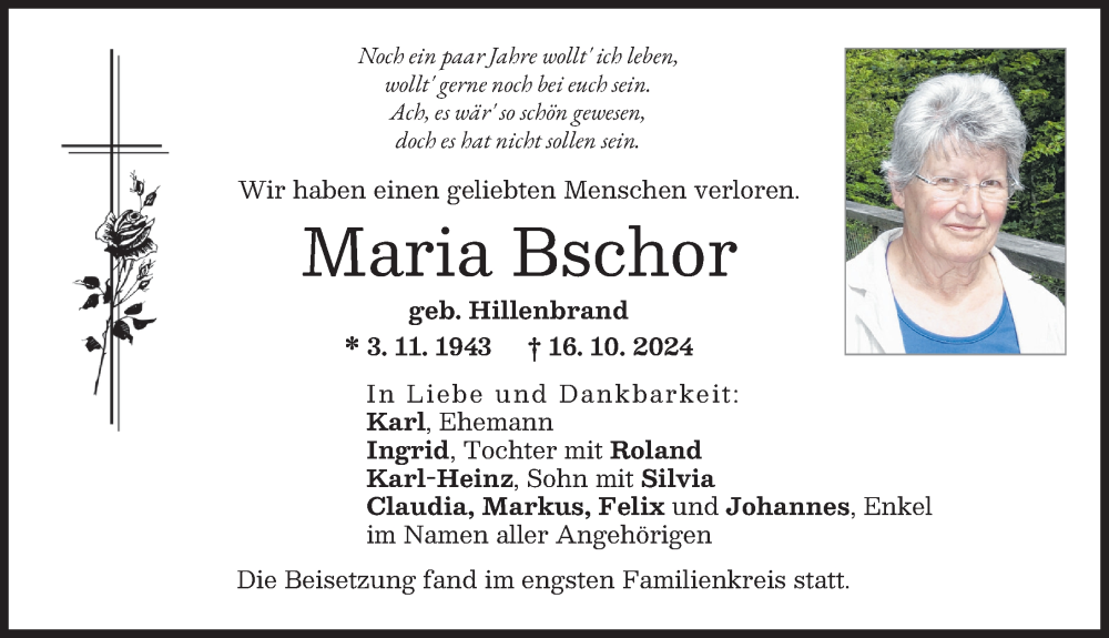 Traueranzeige von Maria Bschor von Wertinger Zeitung