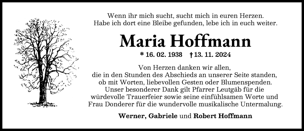 Traueranzeige von Maria Hoffmann von Schwabmünchner Allgemeine