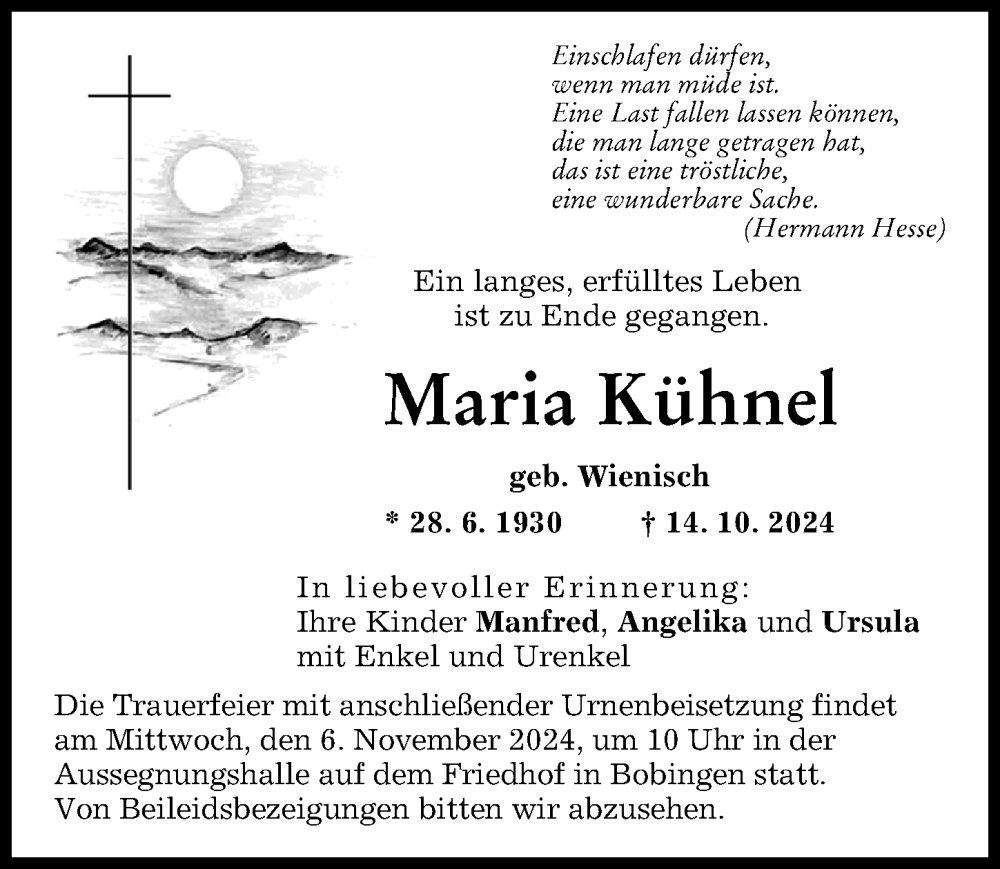 Traueranzeige von Maria Kühnel von Schwabmünchner Allgemeine