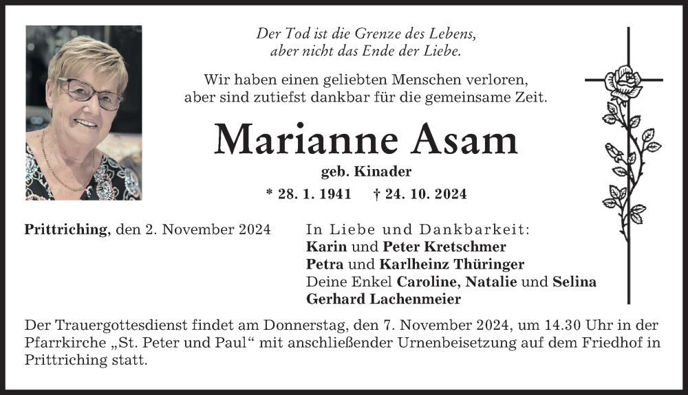 Traueranzeige von Marianne Asam von Landsberger Tagblatt