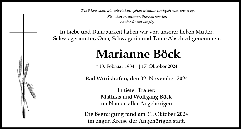 Traueranzeige von Marianne Böck von Mindelheimer Zeitung