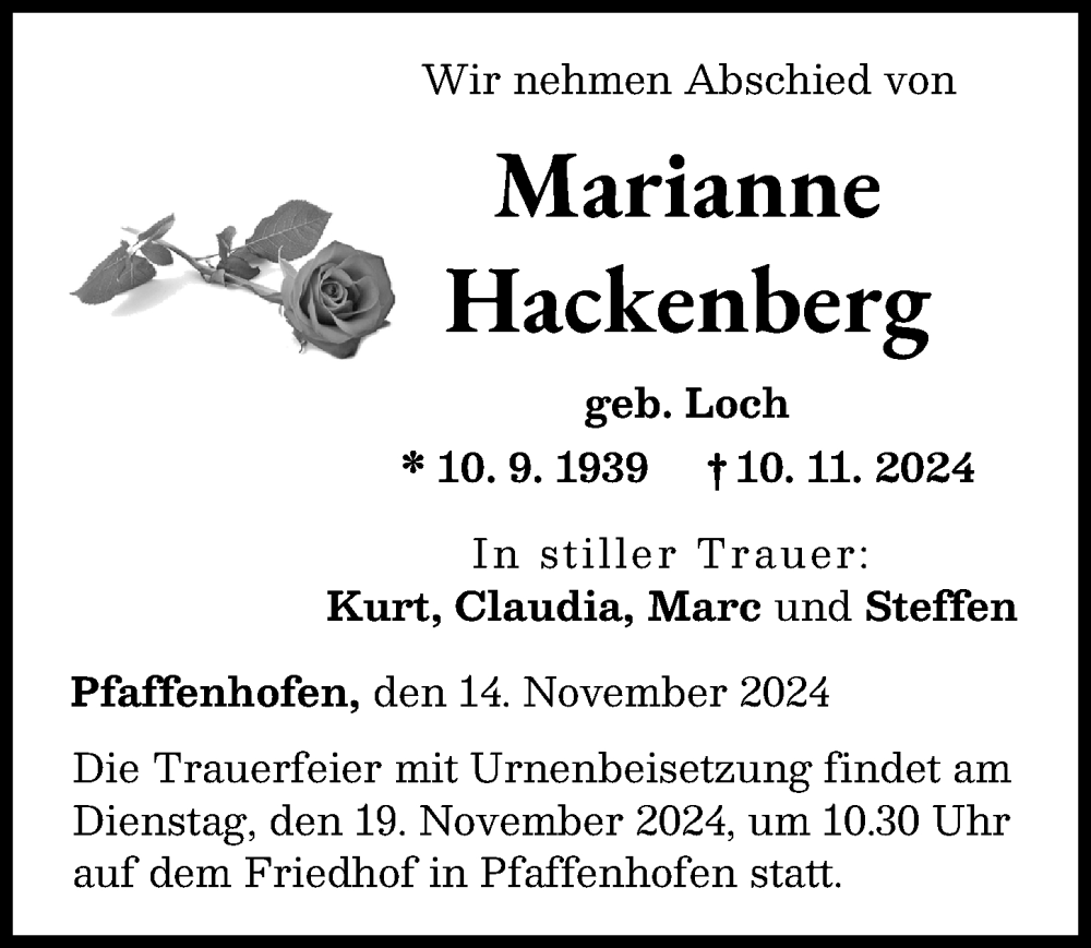 Traueranzeige von Marianne Hackenberg von Neu-Ulmer Zeitung