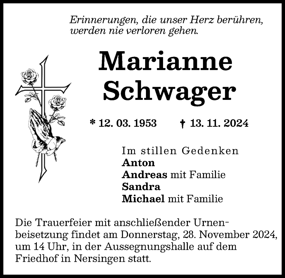 Traueranzeige von Marianne Schwager von Neu-Ulmer Zeitung