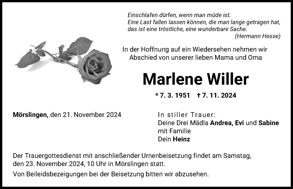 Traueranzeige von Marlene Willer von Donau Zeitung