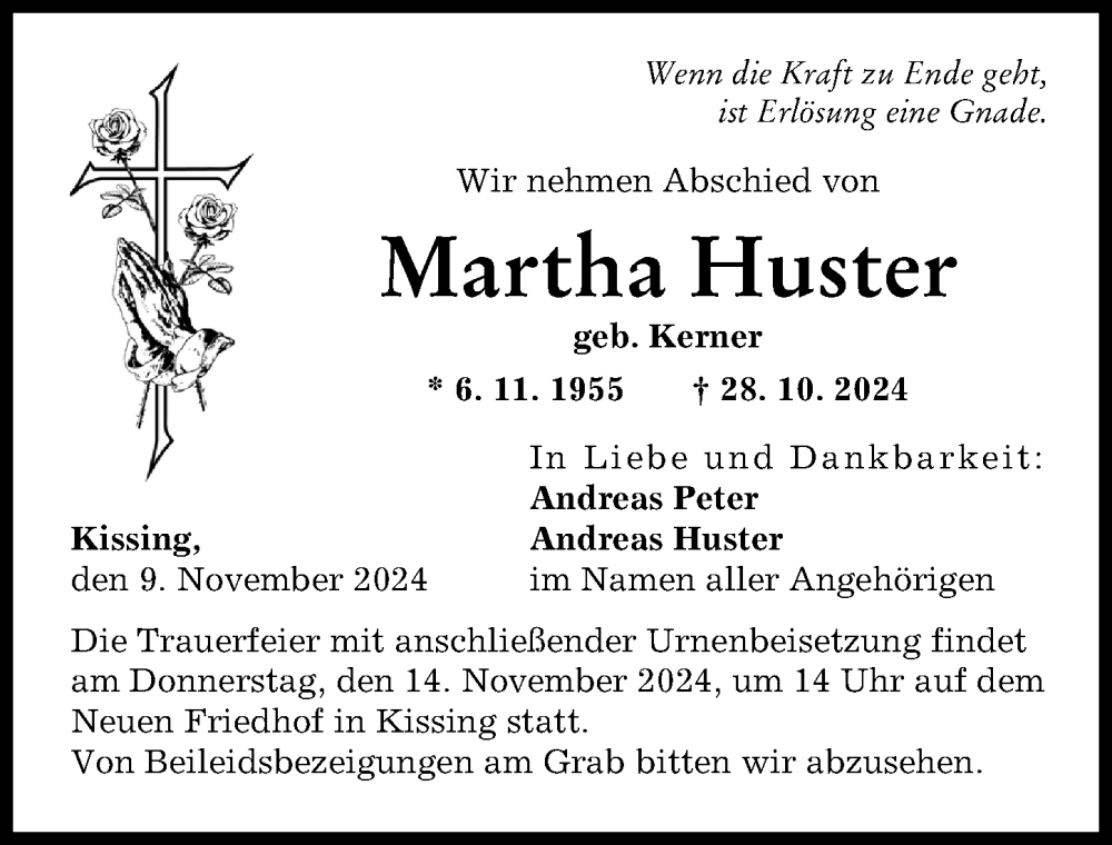 Traueranzeige von Martha Huster von Friedberger Allgemeine