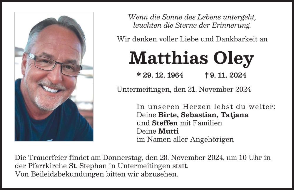 Traueranzeige von Matthias Oley von Schwabmünchner Allgemeine