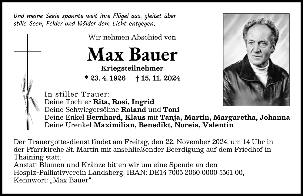 Traueranzeige von Max Bauer von Landsberger Tagblatt