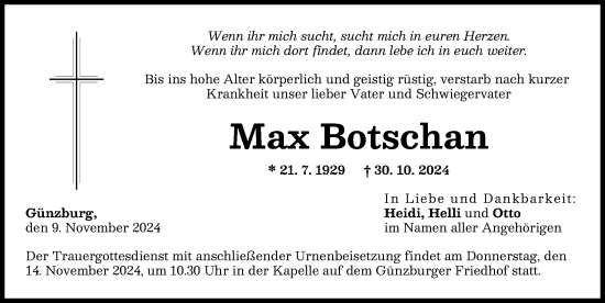 Traueranzeige von Max Botschan von Günzburger Zeitung