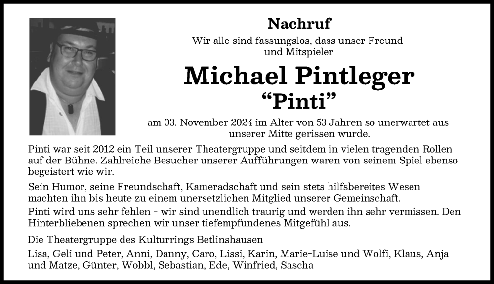  Traueranzeige für Michael Pintleger vom 11.11.2024 aus Neu-Ulmer Zeitung, Illertisser Zeitung