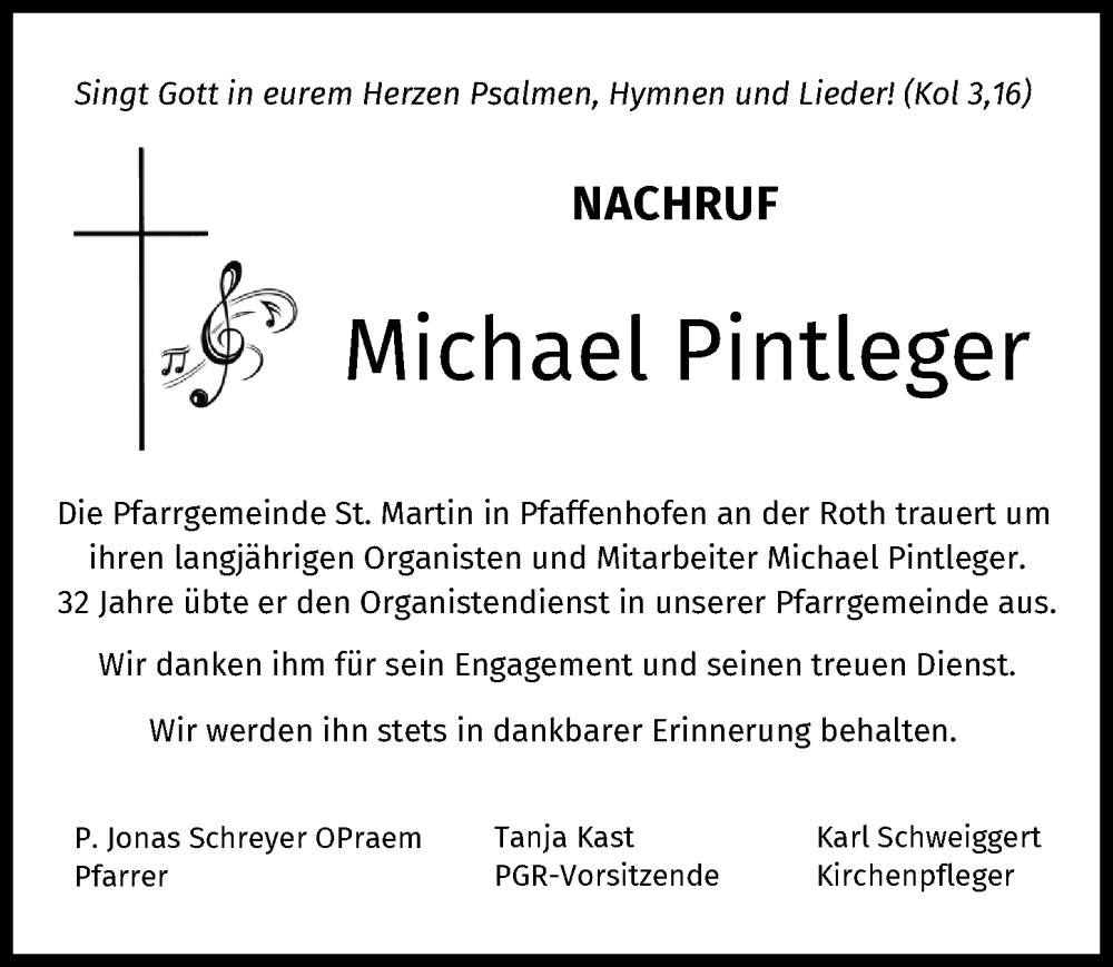  Traueranzeige für Michael Pintleger vom 11.11.2024 aus Neu-Ulmer Zeitung