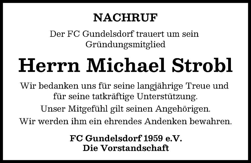 Traueranzeige von Michael Strobl von Aichacher Nachrichten