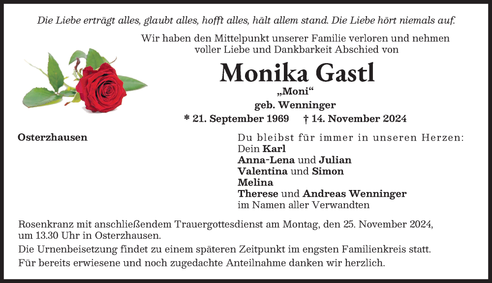 Traueranzeige von Monika Gastl von Aichacher Nachrichten