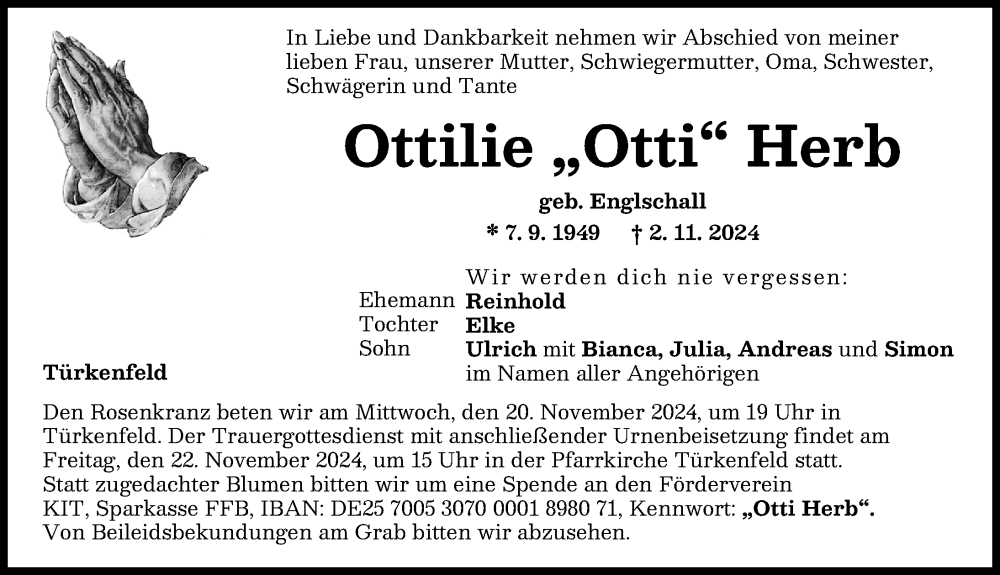 Traueranzeige von Ottilie  Herb von Landsberger Tagblatt