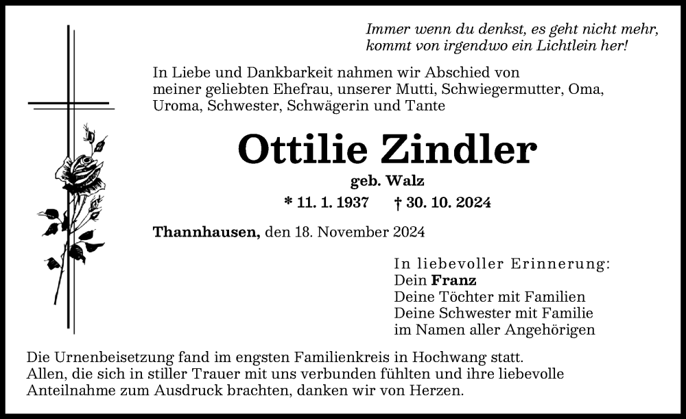 Traueranzeige von Ottilie Zindler von Günzburger Zeitung