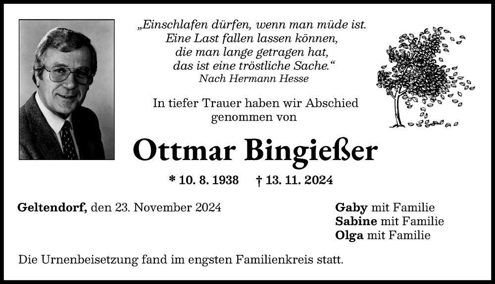 Traueranzeige von Ottmar Bingießer von Landsberger Tagblatt