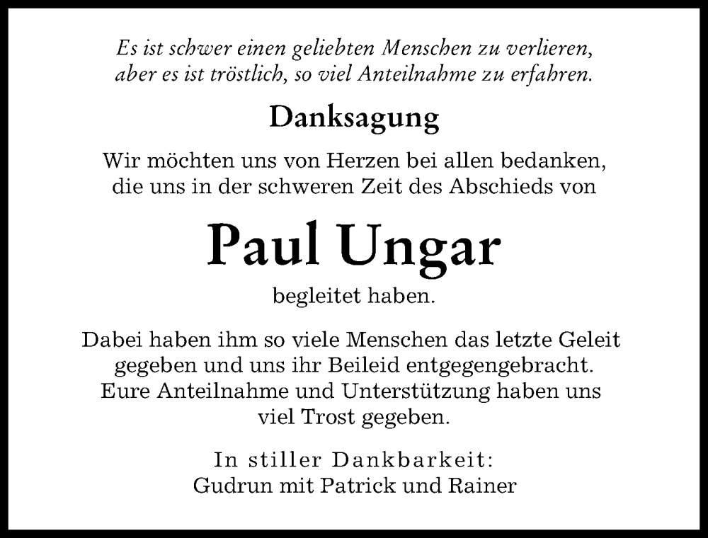 Traueranzeige von Paul Ungar von Augsburger Allgemeine