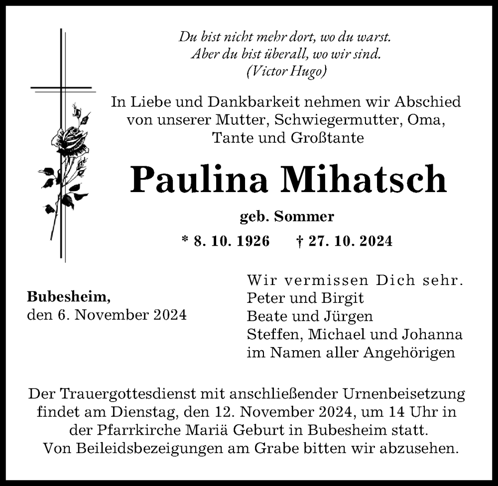 Traueranzeige von Paulina Mihatsch von Günzburger Zeitung