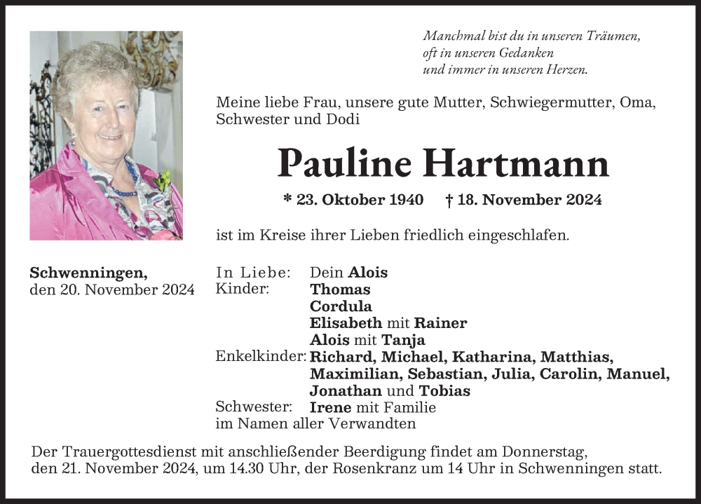 Traueranzeige von Pauline Hartmann von Donau Zeitung