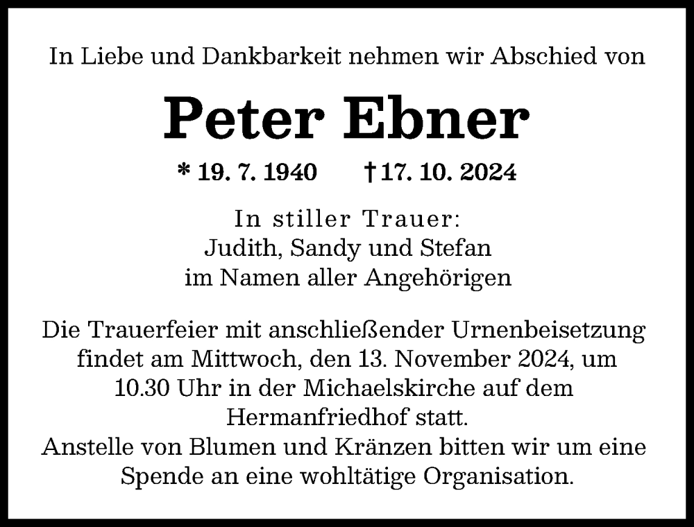  Traueranzeige für Peter Ebner vom 09.11.2024 aus Augsburger Allgemeine