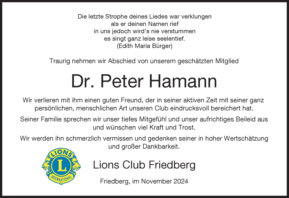 Traueranzeige von Peter Hamann von Friedberger Allgemeine, Aichacher Nachrichten