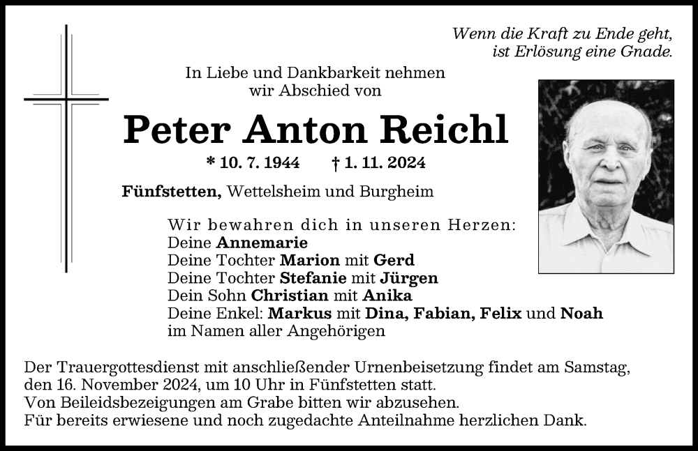 Traueranzeige von Peter Anton Reichl von Donauwörther Zeitung