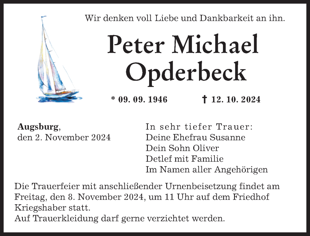 Traueranzeige von Peter Michael Opderbeck von Augsburger Allgemeine