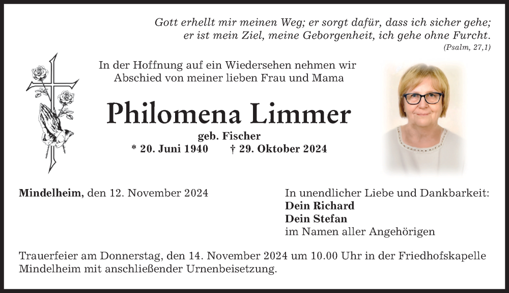 Traueranzeige von Philomena Limmer von Mindelheimer Zeitung