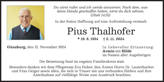 Traueranzeige von Pius Thalhofer von Günzburger Zeitung